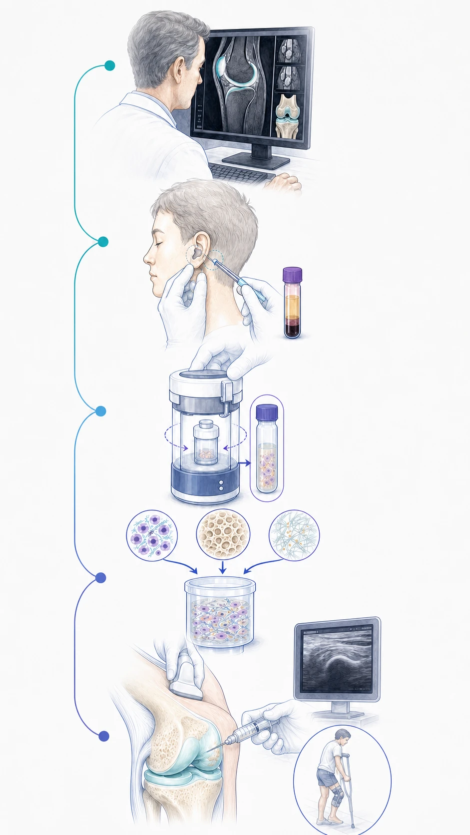 Medical illustration of the NANO ACi pathway from clinical and MRI assessment through tissue harvest and point-of-care micrograft preparation to biological combination, image-guided knee delivery and protected recovery